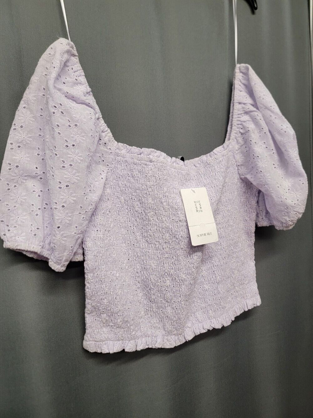 Sophie Rue Top Womens L Purple Short Sleeve Crop Top Floral Smocked NWT B30.1